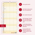 „Extra große Schrift“, „Viel Platz für Termine“, „Sehr stabile Rückwand“. Tabelle mit Januar 2027 Kalender.
