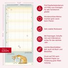 Kalender mit fünf Spalten, Motiv mit zwei Hasen unten, Januar. Made in Europe. Text beschreibt Funktionen.