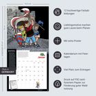 Kalender mit Illustrationen, Maße, "Made in Germany", FSC-zertifiziert, extra Poster, Feiertage, viel Platz. Drei lächelnde Kinder.