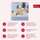 Aufeinander abgestimmte Texte erwähnen: "Made in Germany", "Jan", "12 Lieblingsmotive", "Postkarte", "FSC-zertifiziert". Schneebär mit Jungtieren.