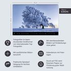Der obere Bereich zeigt einen Kalender mit den Maßen 58 cm x 39 cm. Unten sind Symbole und Texte: "Fotografien im beeindruckenden Großformat von internationalen Top-Fotografen", "Mit atemberaubenden Bildern auf Entdeckungsreise gehen", "Mit ausführlicher Bildunterschrift", "Kalendarium mit Feiertagen", "Praktische Spiralaufhängung für leichtes Umblättern", "Druck auf FSC-zertifiziertem Papier zur Förderung guter Waldnutzung".