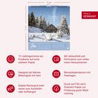 "12 Lieblingsmotive als Postkarte auf extra starkem Papier. Kalenderbild zeigt eine verschneite Hütte in Winterlandschaft."