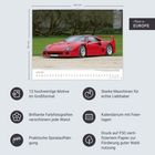 "Made in Europe. 12 hochwertige Motive im Großformat. Starke Maschinen für echte Liebhaber. Brillante Farbfotografien." Ein roter Sportwagen auf einem Kalenderblatt neben Icons und Texten.