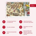"12 hochwertige Motive im Großformat, starke Illustrationen verschönern jede Wand." Eine Kalenderillustration zeigt einen belebten Supermarkt.