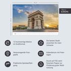 "12 hochwertige Motive im Großformat; Made in EUROPE; illustriert durch ein Bild des Arc de Triomphe bei Sonnenuntergang."