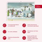 Oben mittig "Made in EUROPE". Texte: "12 hochwertige Motive...", "Für echte Liebhaber", "Praktische Spiralaufhängung" etc. Bild: Winterillustration mit Schneeballschlacht.