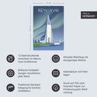 "REYKJAVIK ICELAND" und "Made in GERMANY" sind zentrale Texte. Ein Kalender zeigt eine Kirche unter Nordlichtern.