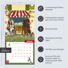 Kalender mit "Made in Germany". Illustrationen von zwei Ponys vor Marktstand. Informationen über Kalenderdetails rechts.