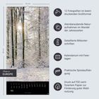 Kalender mit Frostwald, Sonnenstrahlen. Enthält Infos über Bilder, Feiertage, Spiralaufhängung, Nachhaltigkeit. Maße: 33x68 cm.