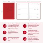 Ein rotes Tagebuch mit dem Covertext "Ein gutes Jahr 2027". Links Spezifikationen und Funktionen in rot auf weißem Hintergrund.