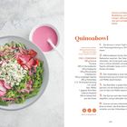 Quinoabowl-Rezept, Zutatenliste und Zubereitungsschritte. Links farbenfrohe Bowl mit Quinoa, Radieschen, Gurke. Rechts pinkes Dressing.