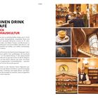 "Auf einen Drink ins Café. Ein Stück Kaffeehauskultur." Links Text, rechts Bilder: Café-Szenen, Innenarchitektur, Getränke.