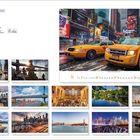 Ein Kalender mit "New York" und Bildern von gelben Taxis, Stadtansichten, Brücken und bekannten Wahrzeichen der Stadt.