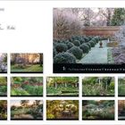 "Magische Gärten" steht links oben. Kalender mit Fotos von schönen, gepflegten Gärten in verschiedenen Jahreszeiten.