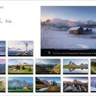 "Faszination Alpen" oben links. Kalender mit großem Foto verschneiter Hütten am See und kleinen Landschaftsbildern darunter.