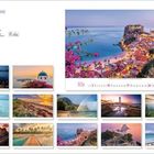 „Meer“ steht oben links. Kalender mit 12 Bildern von Küstenlandschaften, eines zeigt eine Stadt an einem Hang bei Sonnenuntergang.