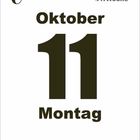 Oktober 11, Montag, 41. Woche. Schwarze Zahlen und Buchstaben auf weißem Hintergrund. Kreisförmiges Symbol oben links.