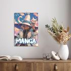 2027, MANGA. Illustration mit zauberhaftem Charakter in langem Mantel, großem Hut und Katze, aufgehängt über einem Tisch.