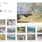 Am Meer. Oben rechts großes Gemälde von stürmischer See und Leuchtturm. Unten kleine Gemälde von Monet und anderen Künstlern.