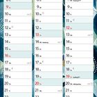 Kalender für Januar bis März 2028 auf blauem Musterhintergrund. Feiertage und Mondphasen sind markiert.