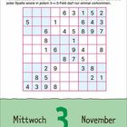 „Fülle das Sudoku mit den Ziffern 1 bis 9 auf.“ Darunter ein Kalenderblatt: Mittwoch, 3. November.