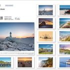 "Küstenträume", Kalenderbilder von Küstenlandschaften. Hauptbild: Leuchtturm im Sonnenaufgang auf vereistem Felsen.