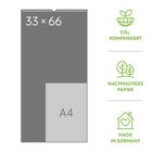 33 × 66, CO₂-Kompensiert, Nachhaltiges Papier, Made in Germany. Illustration von Papiergrößen und umweltfreundlichen Symbolen.