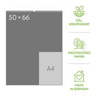 50 × 66, A4. CO2-Kompensiert, Nachhaltiges Papier, Made in Germany. Illustration mit Icons zu Umweltfreundlichkeit.