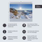 "Made in Europe", "12 beeindruckende Reisefotografien", "Detailierte Bildunterschriften", "Praktische Spiralaufhängung". Kalender mit winterlicher Berglandschaft.