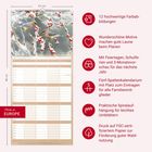 Texte: "12 hochwertige Farbabildungen", "Wunderschöne Motive machen gute Laune beim Planen", "Mit Feiertagen, Schulferien und 3-Monatsvorschau für das nächste Jahr", "Fünf-Spaltenkalendar mit Platz zum Eintragen für alle Familienmitglieder", "Praktische Spiralaufhängung für leichtes Umblättern", "Druck auf FSC-zertifiziertem Papier zur Förderung guter Walnutzung". Links Kalender mit Vögeln auf Zweigen.