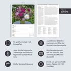 Text: "Made in Europe", "53 großformatige Farbfotografien", "Jede Woche historische Jahrestage und Geburtstagskinder auf der Rückseite". 

Bildbeschreibung: Kalender mit Blumenfoto und Text, hervorgehobenen Funktionen und Details.