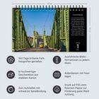 Ein Kalender zeigt eine grüne Stahlbrücke mit Straßenbahn. Texte beschreiben das Produkt und seine Eigenschaften.