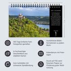 Wehr- und standhaft. Die Marksburg liegt auf einem Schieferkegel. Landschaft mit Burg und Info-Icons um Kalender.