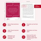 Texte: "Wissen S', auf der Bühne... G'schenkt krieg i da nix!", "Liesl Karlstadt", "Biografien auf der Rückseite".  
Visuelle Aspekte: Zweigeteilte Karte mit Zitat vorne, Infos hinten. Symbole und Diagramme erklären Funktionen wie Kalender und Aufstelloptionen. Rotes Banner mit "Made in EUROPE".