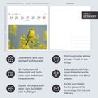 Kalender mit Mai-Daten und Feiertagen. Hochwertige Farbfotografie eines gelben Vogels auf gelbem Rapsfeld. Icons beschreiben Funktionen.