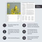 53 großformatige Farbfotografien. Jede Woche historische Jahrestage. Weiße Spiralaufhängung. Kalenderansicht mit gelber Vogelaufnahme.