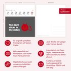 The devil sticks in the detail. Made in GERMANY. Illustration eines lachenden Teufels in Rot.