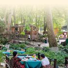 "LAND UND LEUTE" steht oben. Eine Familie sitzt am Tisch im Freien in einem grünen, bewaldeten Garten.