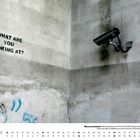 An einer Wandecke steht "WHAT ARE YOU LOOKING AT?" daneben eine Überwachungskamera, unten Monatskalender für August.