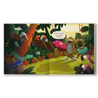 Eine Illustration zeigt einen fröhlichen Dschungel mit bunten Tieren. Ein Leopard sagt: "Ich bin das mutigste Tier im ganzen Dschungel!"