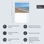 Text: Made in Germany. Hochwertige Farbfotografien. Maritime Ansichten im Wandel der Jahreszeiten. Viel Platz für eigene Einträge. Mit Bildunterschriften. Kalendarium mit Feiertagen. Druck auf FSC-zertifiziertem Papier zur Förderung guter Waldnutzung. Beschreibung: Kalender mit Strandbild, Maße: 31 cm x 44 cm aufgeklappt. Symbole illustrieren die Texte.