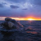 Kein Text vorhanden. Eine Walflosse taucht aus dem Wasser auf, während die Sonne unter einem dramatischen Himmel untergeht.