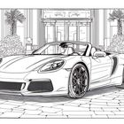 Illustration eines Sportwagens vor einem eleganten Gebäude mit Palmen und reich verzierten Details im Hintergrund.