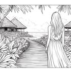Illustration: Frau in langem Kleid steht auf einem Weg, umgeben von Pflanzen. Im Hintergrund Strohhütten und Meer.