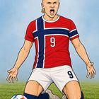 Illustration: Ein Fußballspieler im roten Trikot mit Nummer 9 kniet auf dem Rasen und jubelt, Ball daneben.