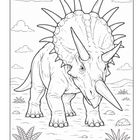 Illustration eines Dinosauriers mit drei Hörnern und stacheligen Kragen, umgeben von Wolken und Pflanzen in einer Landschaft.