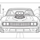 Illustration eines Muscle-Cars von vorne, auf einer Rennstrecke stehend, mit überdimensioniertem Motor.