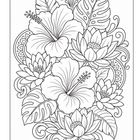 Illustration mit großen Hibiskusblüten, Lotusblumen und detailreichen Blättern, verziert mit geschwungenen Mustern.