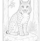 Eine Illustration eines Luchses, der auf einem Felsen im Wald sitzt, umgeben von Bäumen und Gräsern.