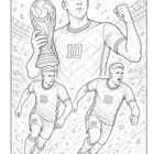 Nummer 10 auf Trikots. Drei Fußballspieler, einer hält einen Pokal. Stadionkulisse, Konfetti fliegt in der Luft.